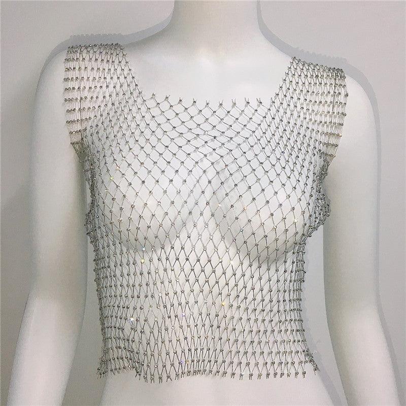 Rhinestone Mesh Sleeveless Square Neck T-shirt Rhinestone Fishnet Top - Nioor