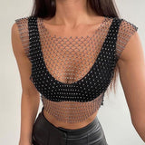 Rhinestone Mesh Sleeveless Square Neck T-shirt Rhinestone Fishnet Top - Nioor