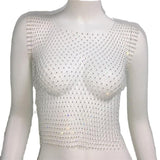 Rhinestone Mesh Sleeveless Square Neck T-shirt Rhinestone Fishnet Top - Nioor