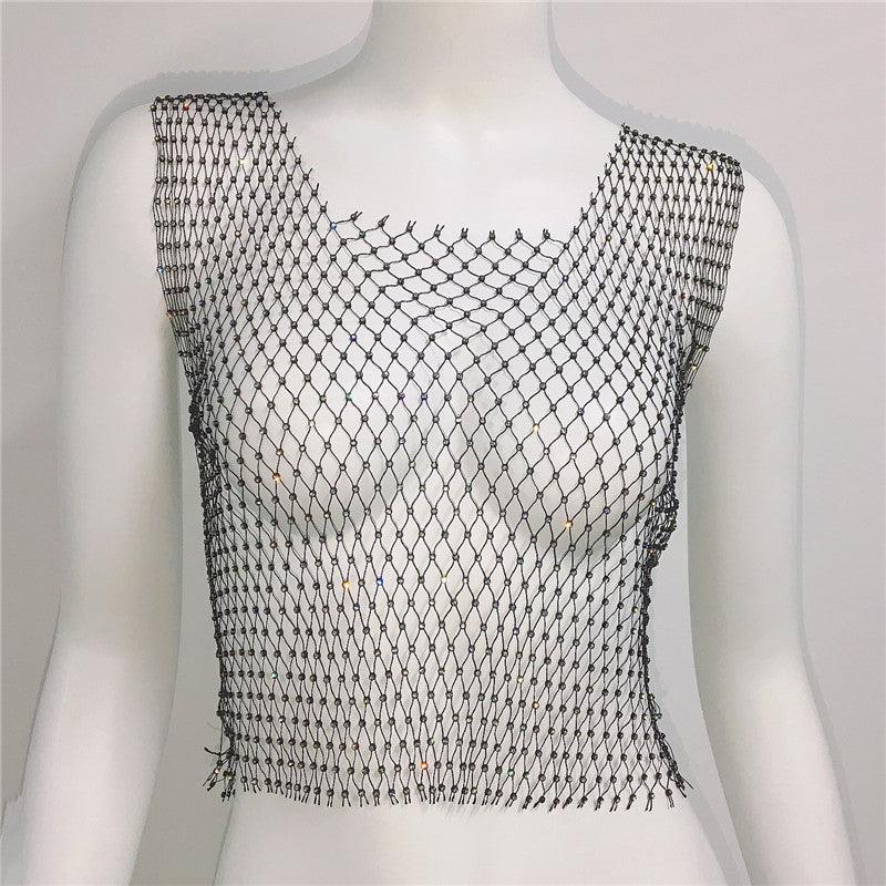 Rhinestone Mesh Sleeveless Square Neck T-shirt Rhinestone Fishnet Top - Nioor