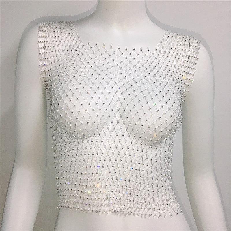 Rhinestone Mesh Sleeveless Square Neck T-shirt Rhinestone Fishnet Top - Nioor