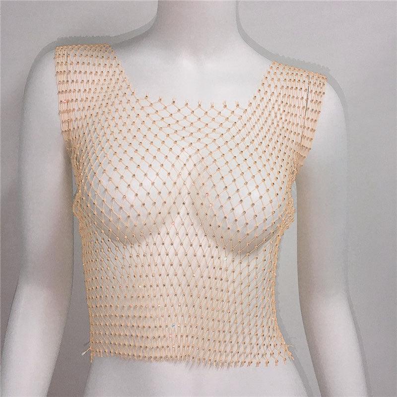 Rhinestone Mesh Sleeveless Square Neck T-shirt Rhinestone Fishnet Top - Nioor