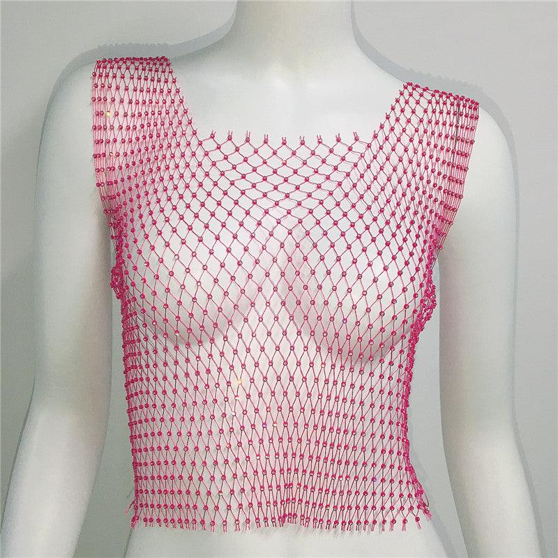 Rhinestone Mesh Sleeveless Square Neck T-shirt Rhinestone Fishnet Top - Nioor