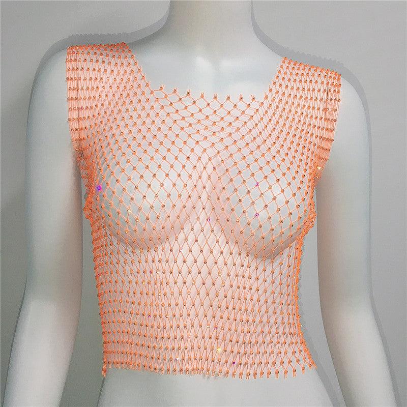 Rhinestone Mesh Sleeveless Square Neck T-shirt Rhinestone Fishnet Top - Nioor