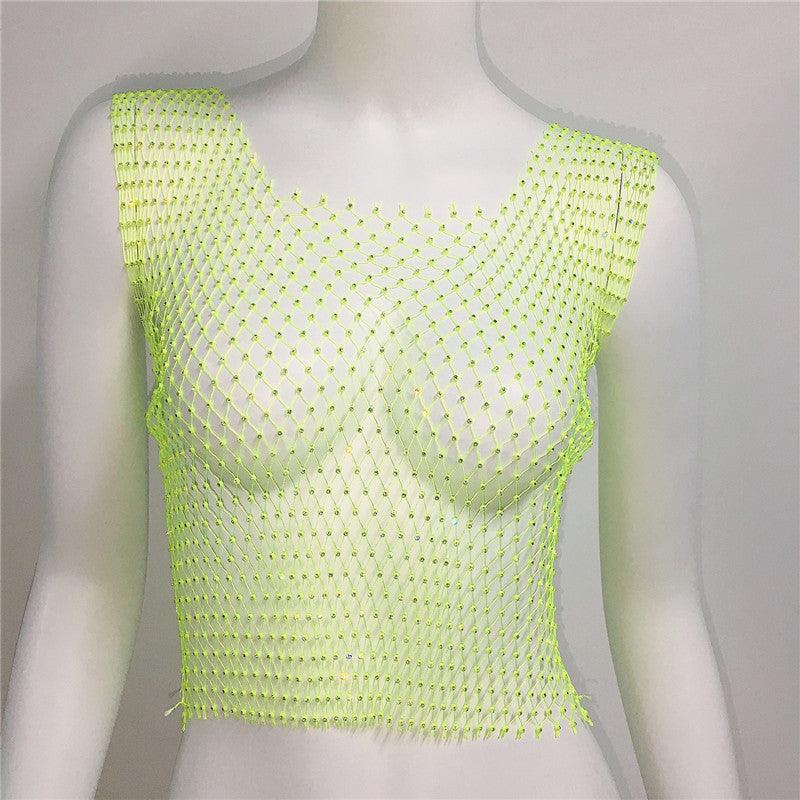 Rhinestone Mesh Sleeveless Square Neck T-shirt Rhinestone Fishnet Top - Nioor