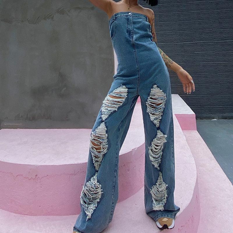 Ripped High-waisted Western-style Straight Wide-leg Denim Jumpsuit - Nioor