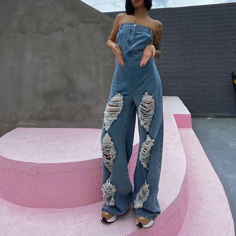 Ripped High-waisted Western-style Straight Wide-leg Denim Jumpsuit - Nioor