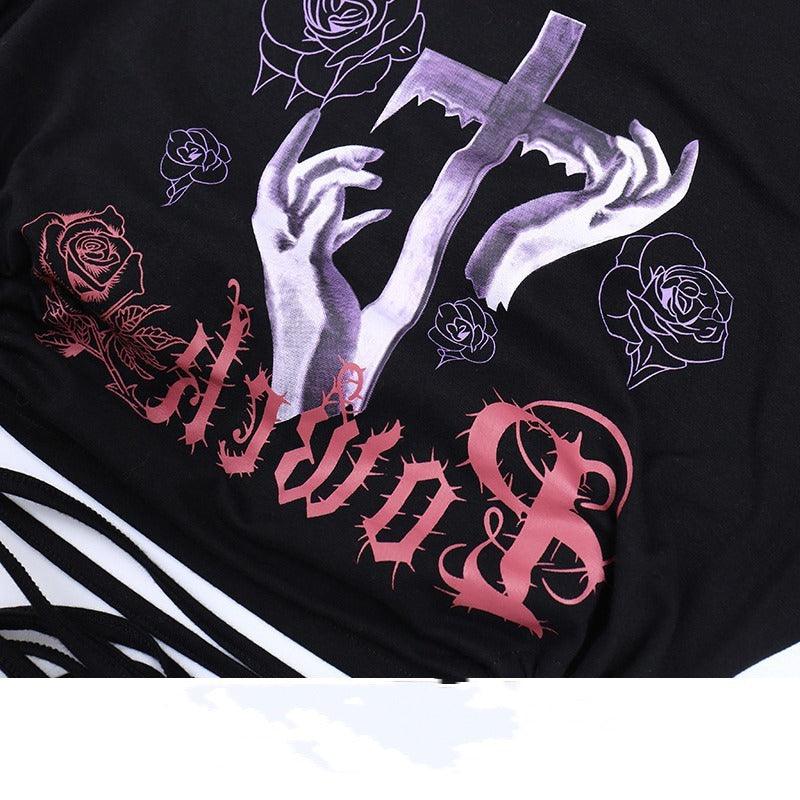 Rose Print Black Short-sleeved T-shirt Lace Up Short Top - Nioor