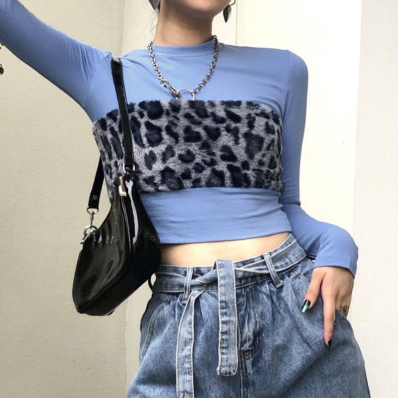 Round Neck Hair Leopard Print Mosaic Slim Slim Long Sleeve T-shirt Blouse Women - Nioor