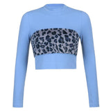 Round Neck Hair Leopard Print Mosaic Slim Slim Long Sleeve T-shirt Blouse Women - Nioor