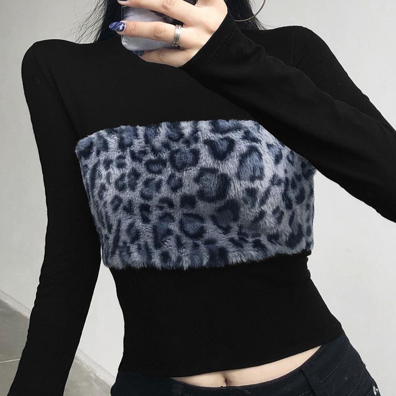 Round Neck Hair Leopard Print Mosaic Slim Slim Long Sleeve T-shirt Blouse Women - Nioor