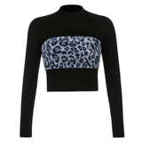 Round Neck Hair Leopard Print Mosaic Slim Slim Long Sleeve T-shirt Blouse Women - Nioor