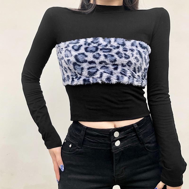 Round Neck Hair Leopard Print Mosaic Slim Slim Long Sleeve T-shirt Blouse Women - Nioor