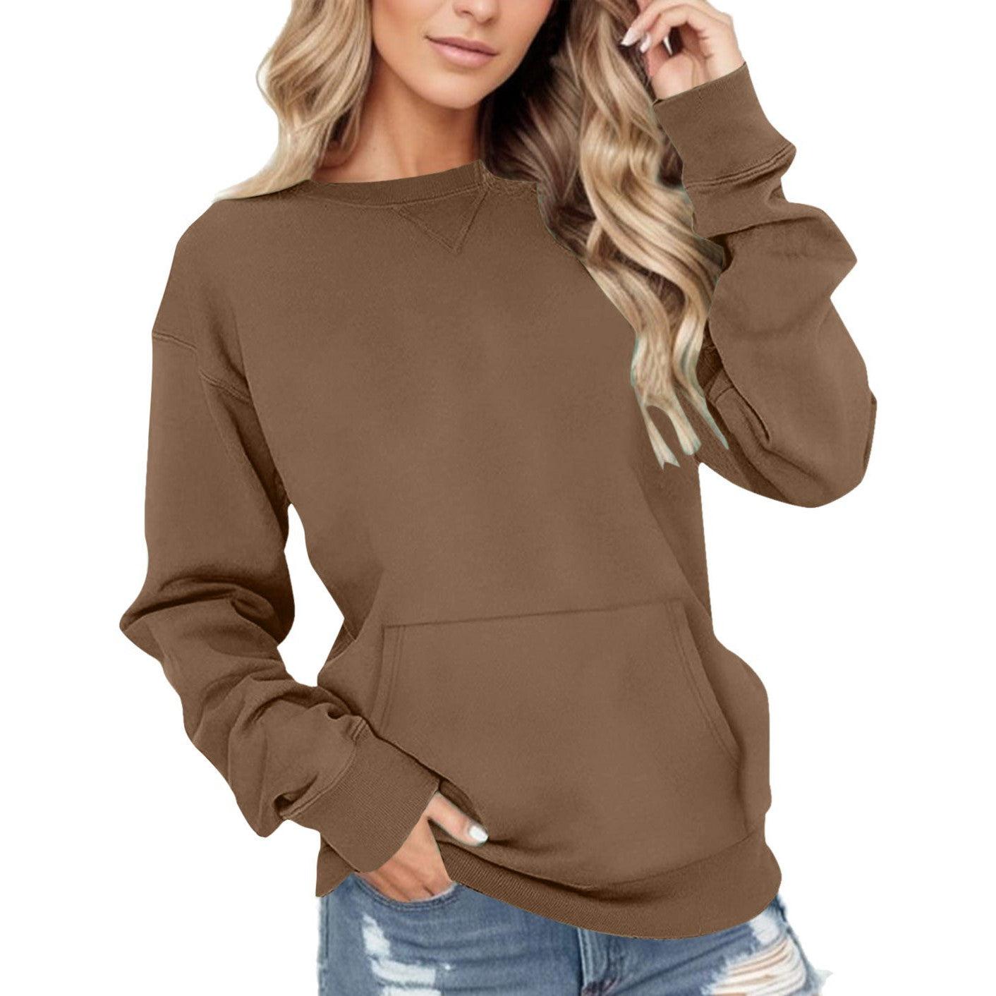 Round Neck Pullover Long Sleeve Pocket Solid Color Hoodie - Nioor