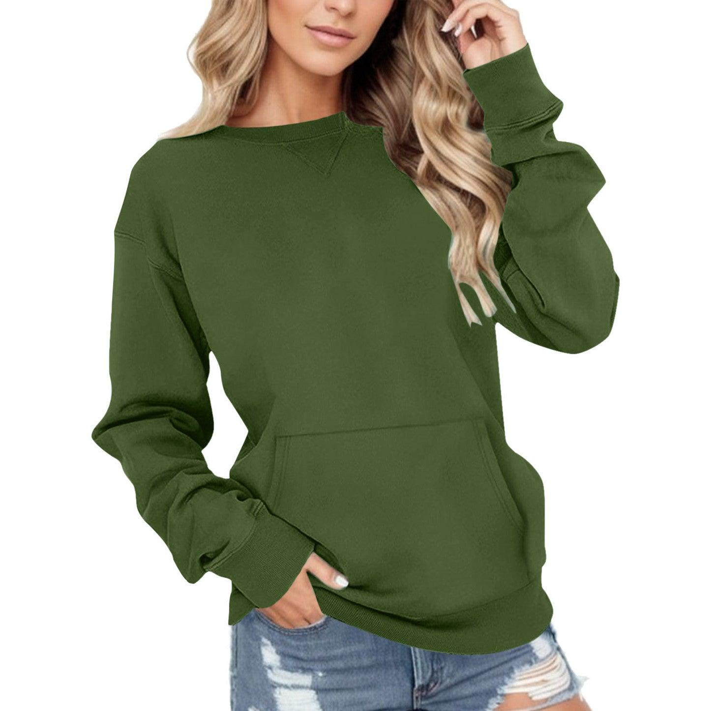 Round Neck Pullover Long Sleeve Pocket Solid Color Hoodie - Nioor