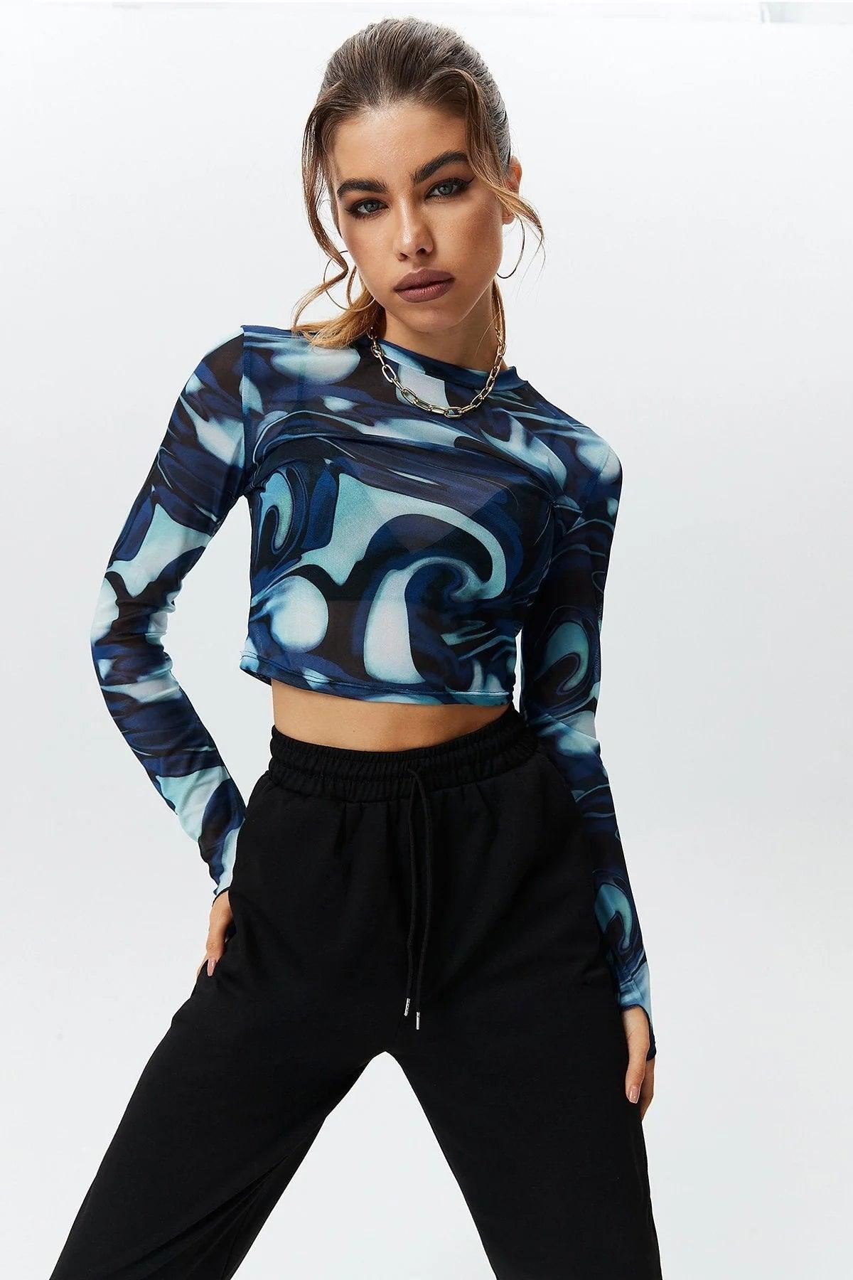 Round Neck Pullover Printed Crop Long Sleeve Top - Nioor