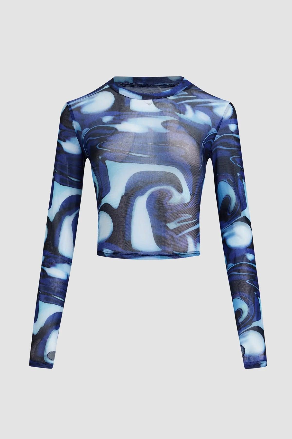 Round Neck Pullover Printed Crop Long Sleeve Top - Nioor