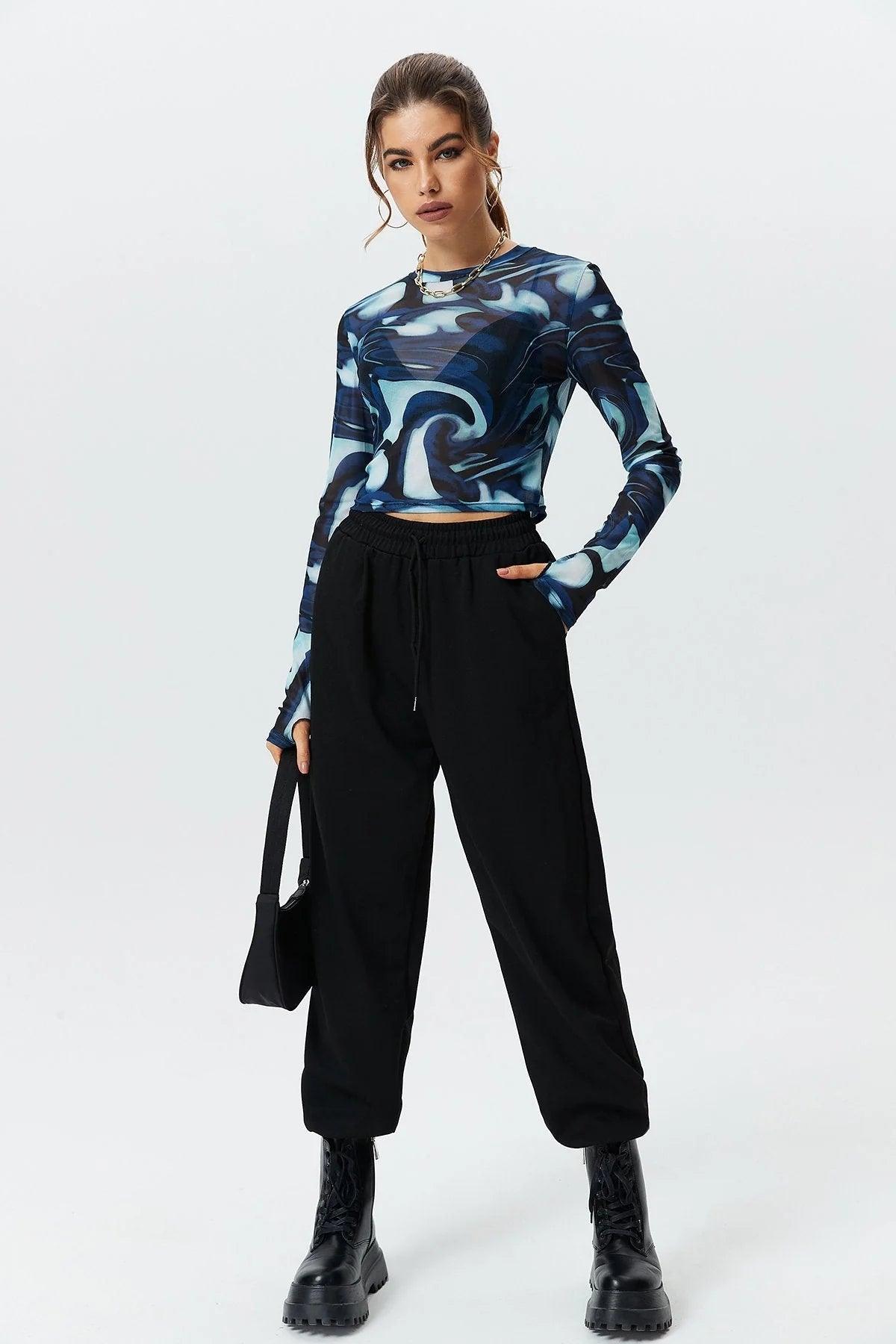 Round Neck Pullover Printed Crop Long Sleeve Top - Nioor