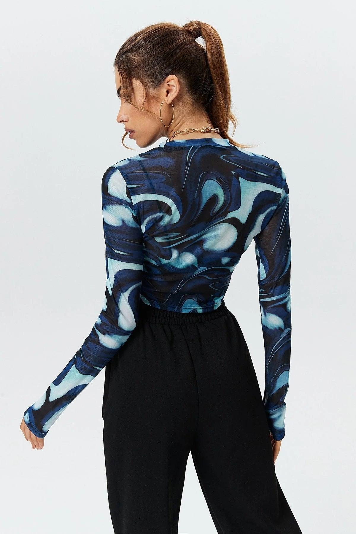 Round Neck Pullover Printed Crop Long Sleeve Top - Nioor