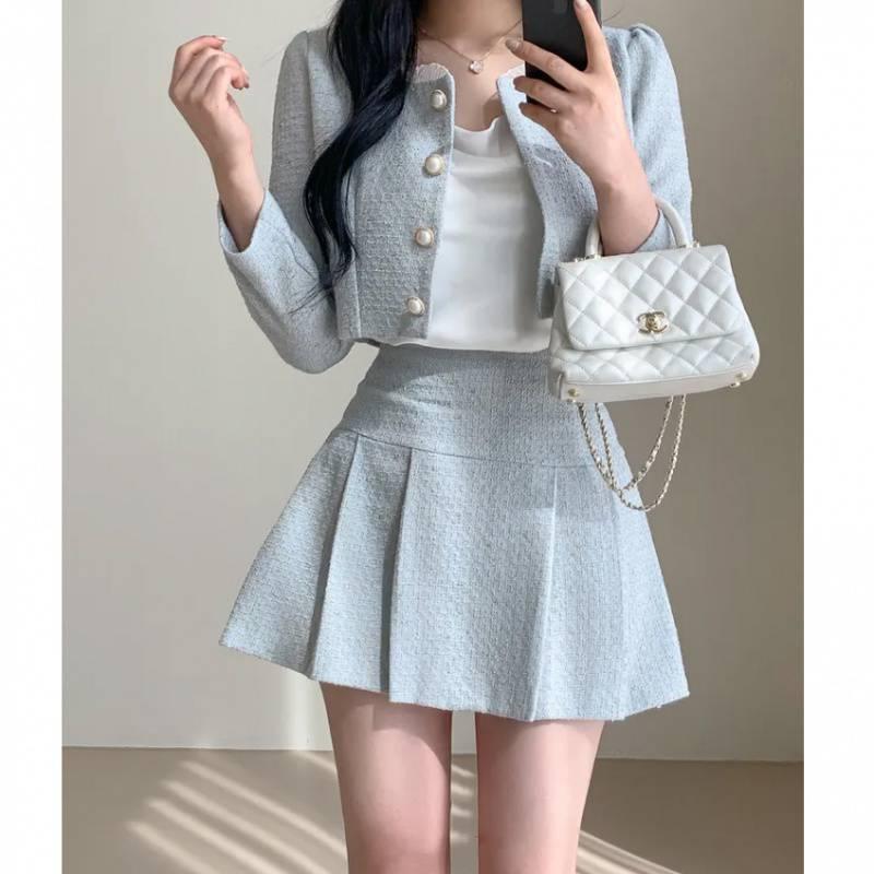 Round Neck Short Coat High Waist Slimming Pleated Skirt Two-piece Set - Nioor