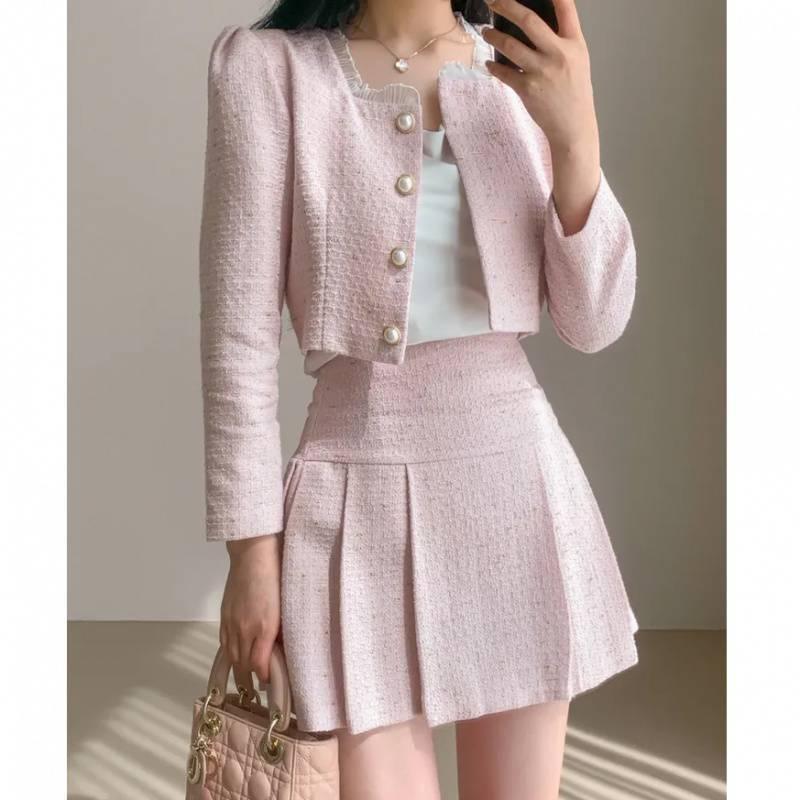 Round Neck Short Coat High Waist Slimming Pleated Skirt Two-piece Set - Nioor