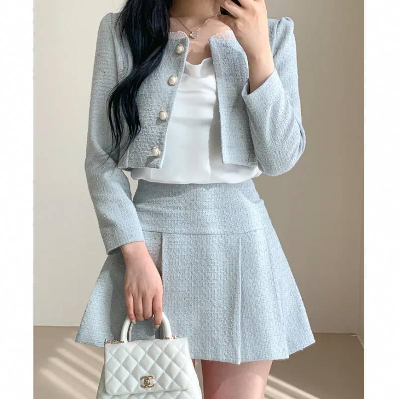 Round Neck Short Coat High Waist Slimming Pleated Skirt Two-piece Set - Nioor