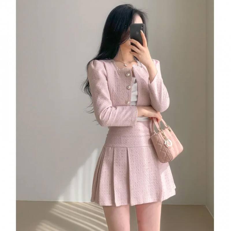 Round Neck Short Coat High Waist Slimming Pleated Skirt Two-piece Set - Nioor