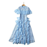 Round Neck Short Sleeve Heavy Industry Ruffled Lace Dress - Nioor