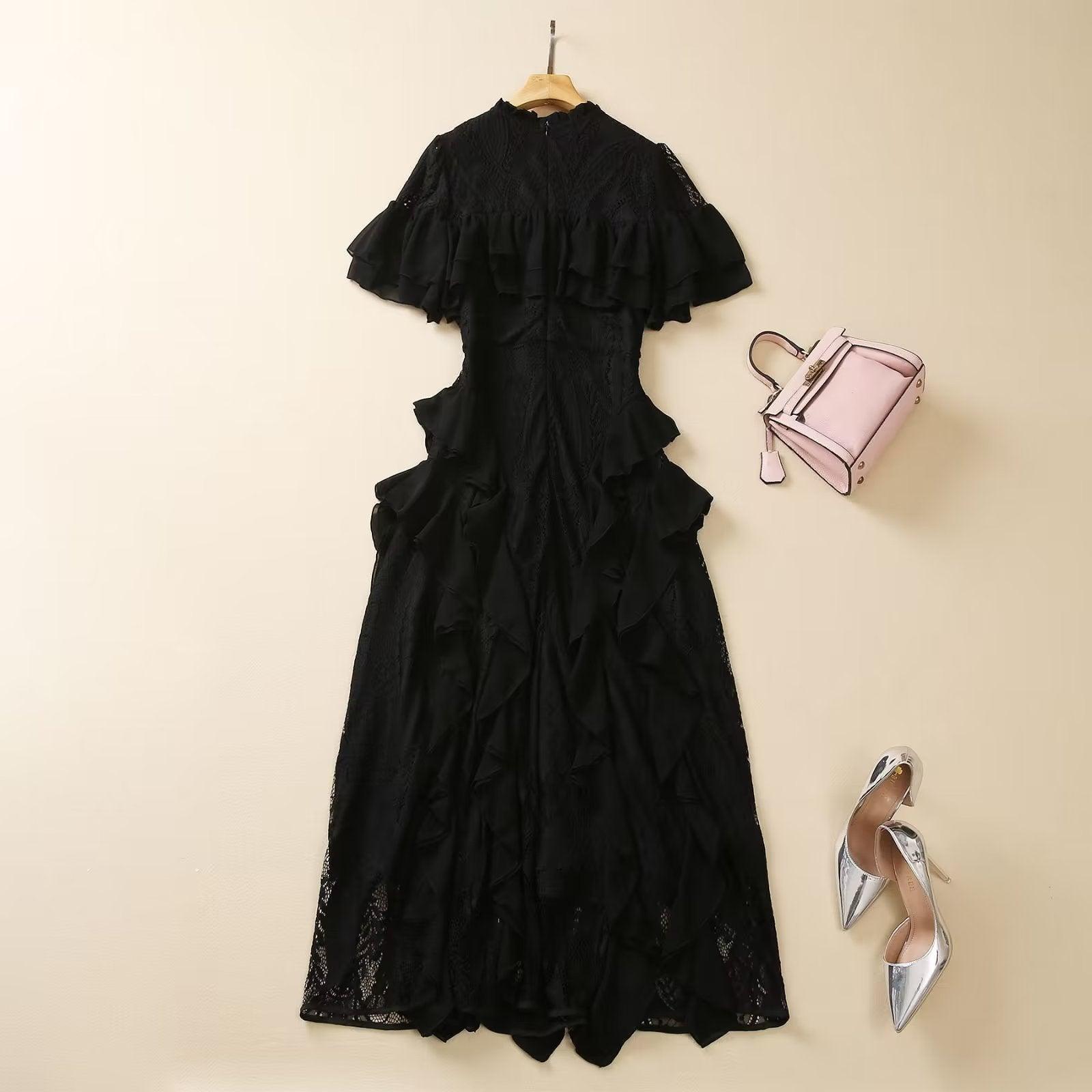 Round Neck Short Sleeve Heavy Industry Ruffled Lace Dress - Nioor