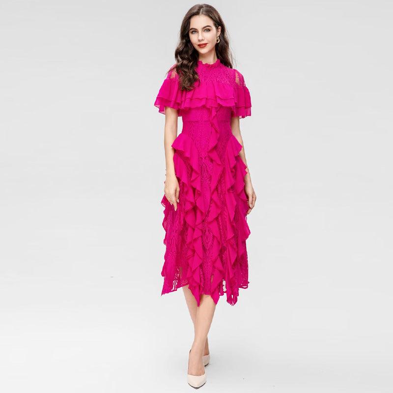 Round Neck Short Sleeve Heavy Industry Ruffled Lace Dress - Nioor