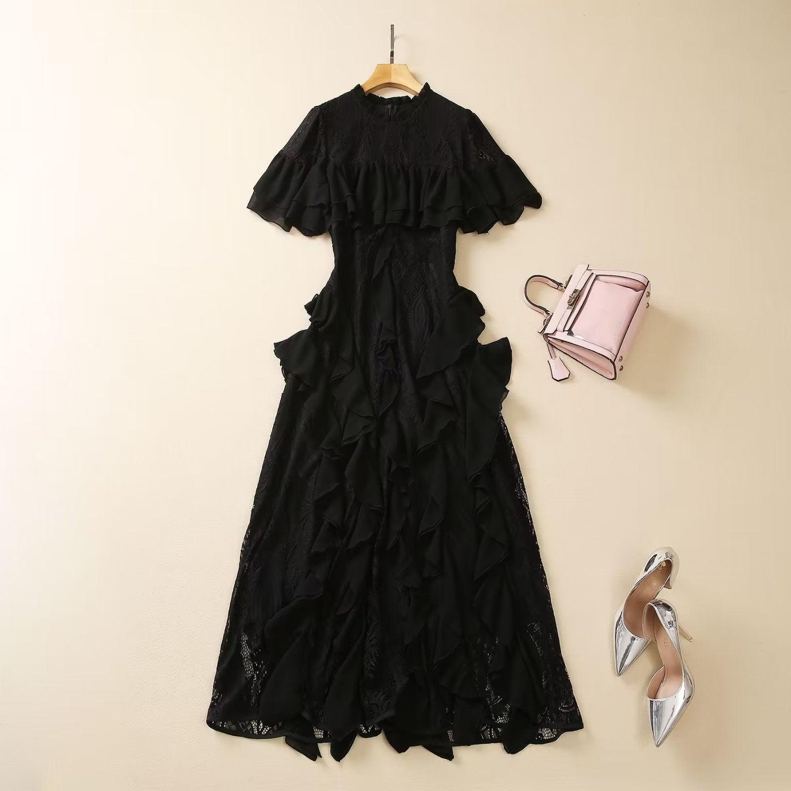 Round Neck Short Sleeve Heavy Industry Ruffled Lace Dress - Nioor