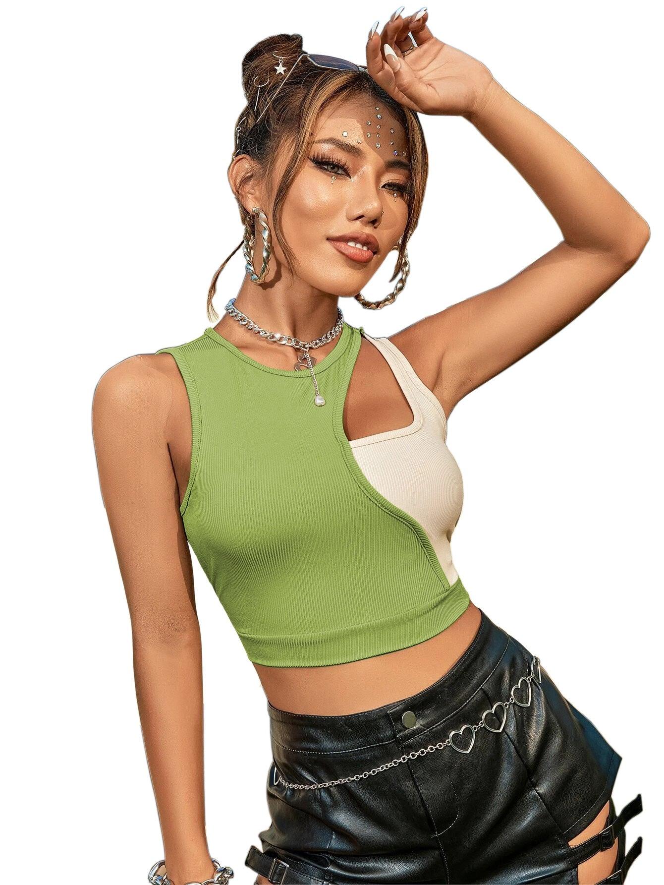 Round Neck Stitching Contrast Color Ultra Short I-shaped Sleeveless Vest T-shirt Top - Nioor