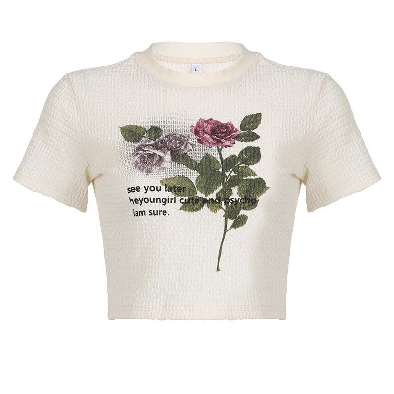 Round Neck Vintage Rose Print Texture Plaid Midriff-baring Short Sleeve - Nioor