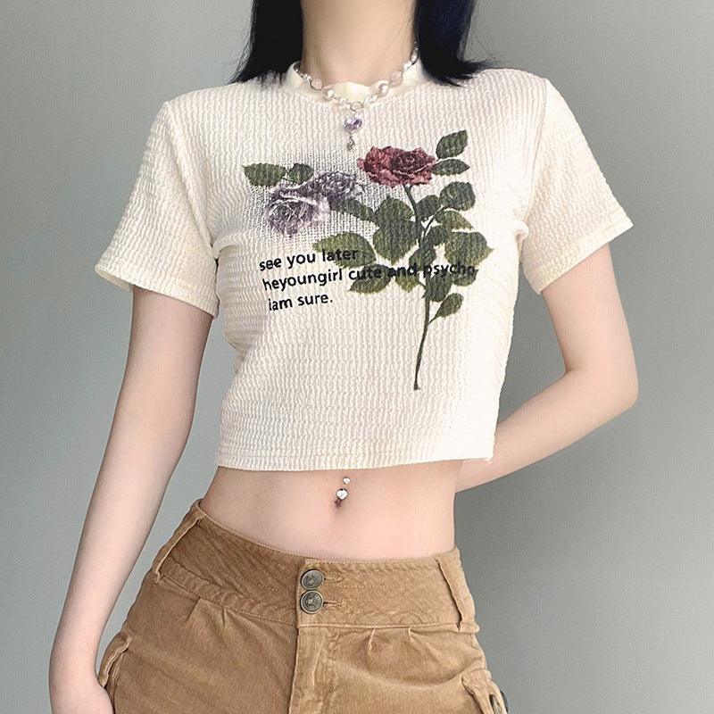 Round Neck Vintage Rose Print Texture Plaid Midriff-baring Short Sleeve - Nioor