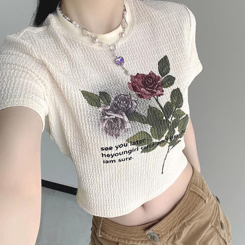 Round Neck Vintage Rose Print Texture Plaid Midriff-baring Short Sleeve - Nioor