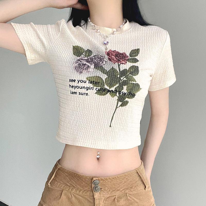 Round Neck Vintage Rose Print Texture Plaid Midriff-baring Short Sleeve - Nioor