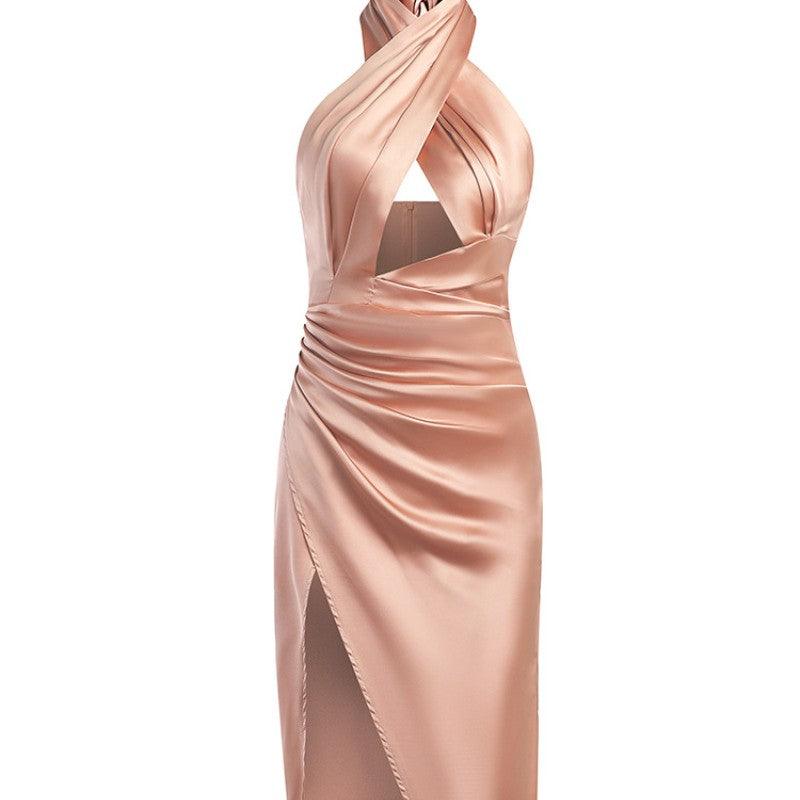 Satin Halter Cross Backless Split Dress - Nioor