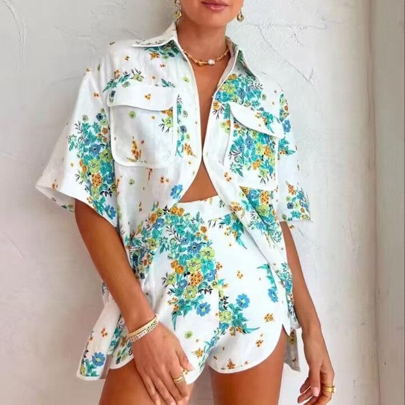 Seaside Holiday Lapel Short Sleeve Placket Hook Shirt Outfit - Nioor