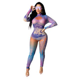 Sexy Dollar Positioning Printed Mesh Long Sleeve Jumpsuit - Nioor