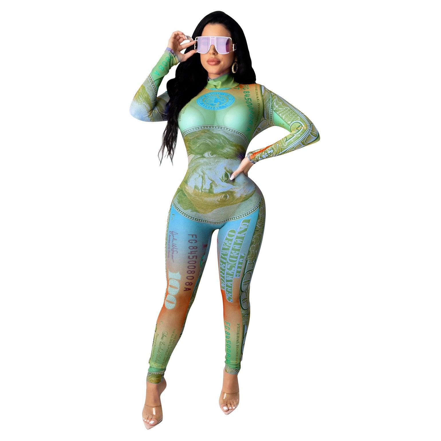 Sexy Dollar Positioning Printed Mesh Long Sleeve Jumpsuit - Nioor