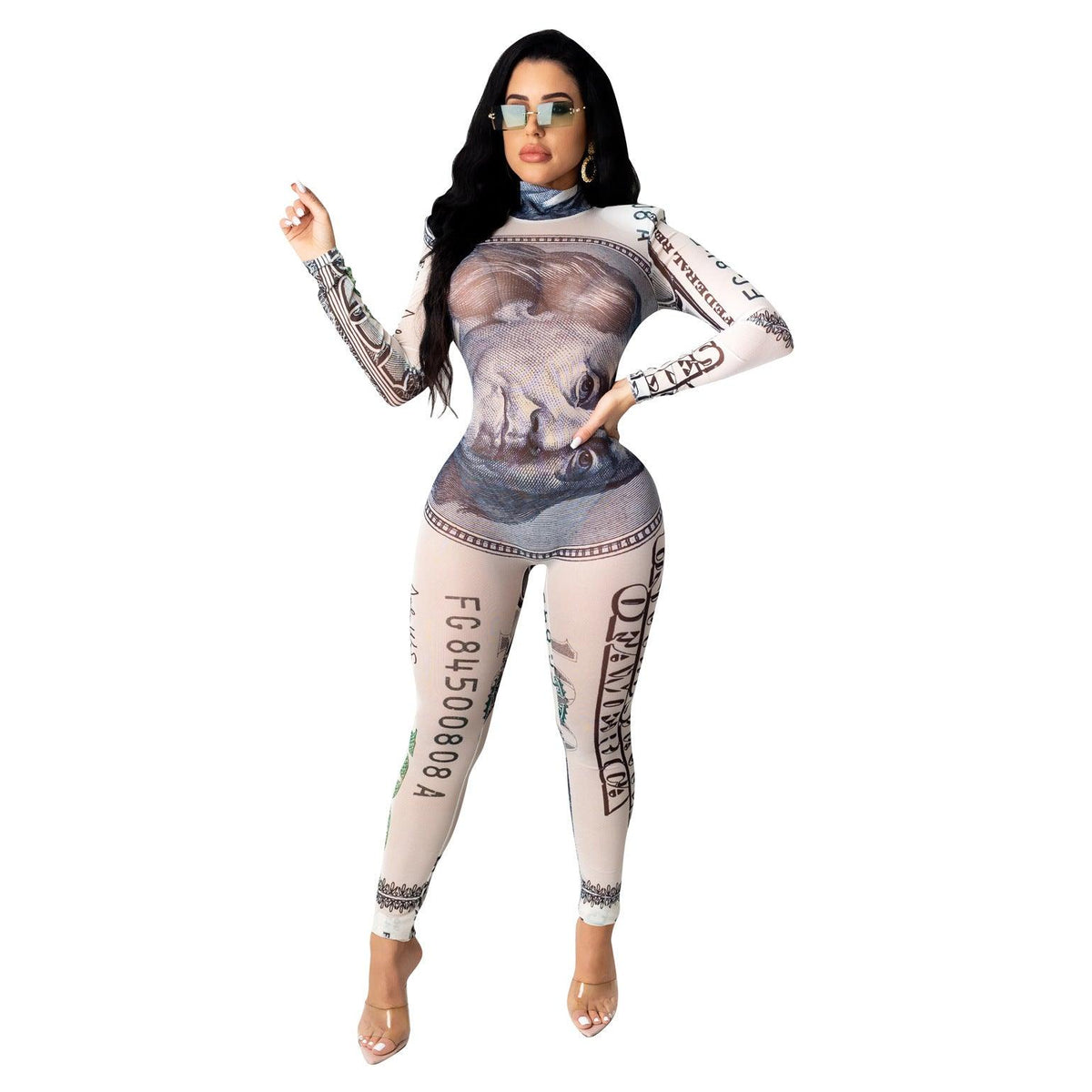 Sexy Dollar Positioning Printed Mesh Long Sleeve Jumpsuit - Nioor