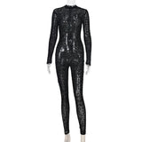 Sexy Flocked Jumpsuit With Hollow Zipper Perspective Sexy Women - Nioor