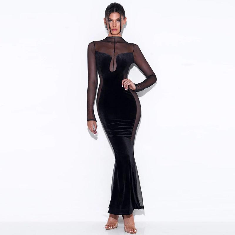 Sexy Hollow See Through Dress Autumn New Hot Long-sleeved Round Neck Backless Dress - Nioor