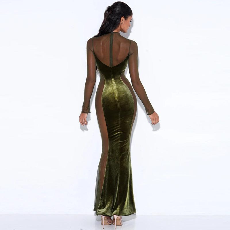 Sexy Hollow See Through Dress Autumn New Hot Long-sleeved Round Neck Backless Dress - Nioor