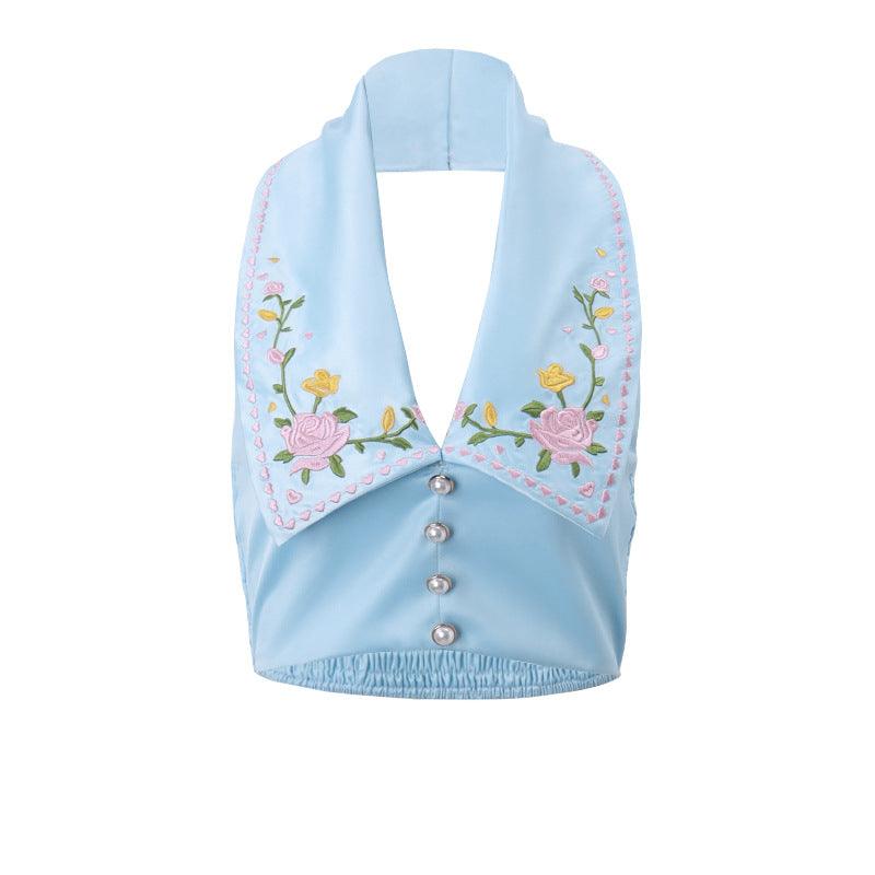 Sexy Hot Girl Lapel Breasted Flower Embroidered Printed Halterneck Vest Female - Nioor