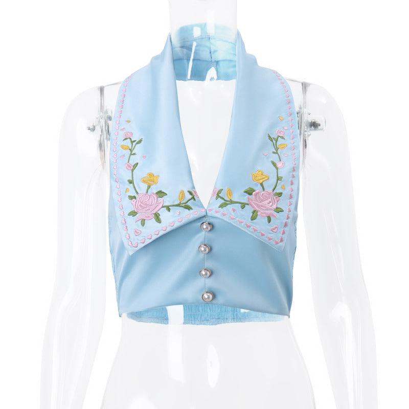 Sexy Hot Girl Lapel Breasted Flower Embroidered Printed Halterneck Vest Female - Nioor