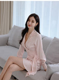 Shirt Suit Collar Long Sleeve Waist Trimming Ruffles Dress - Nioor