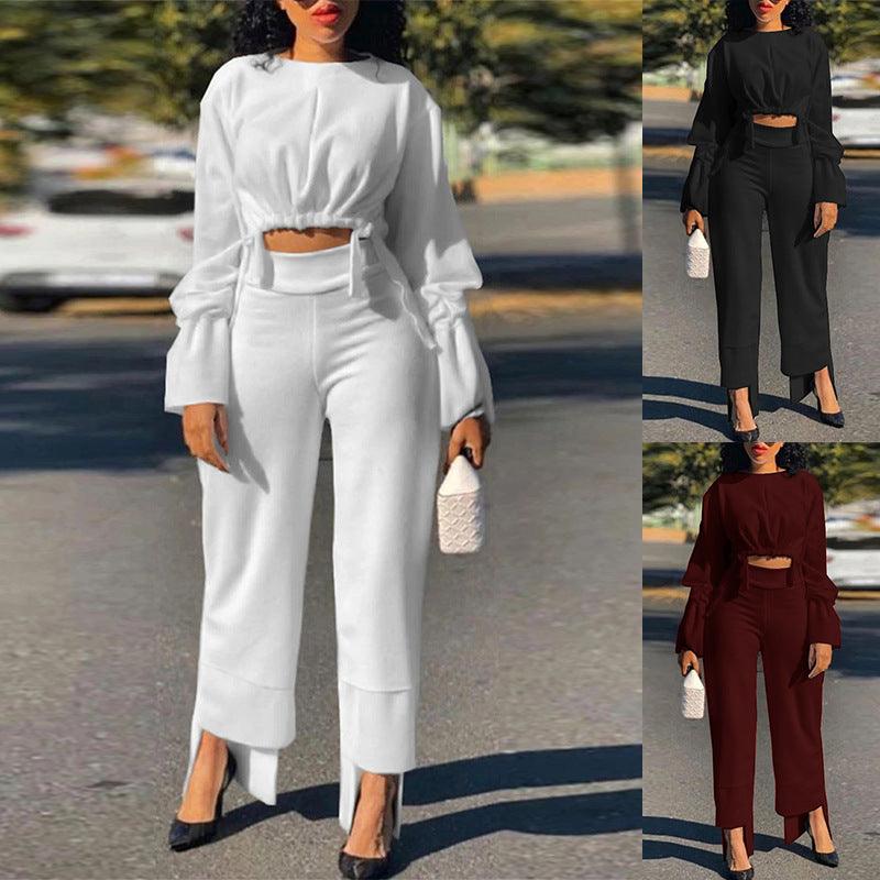 Short Top Casual High Waist Straight Pants Suit - Nioor