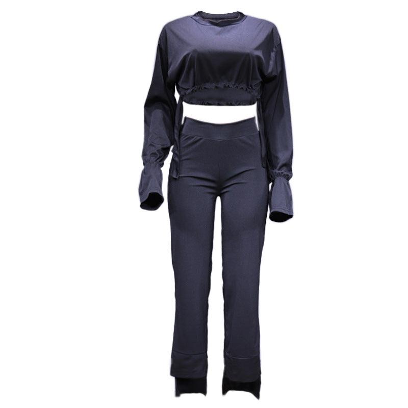 Short Top Casual High Waist Straight Pants Suit - Nioor