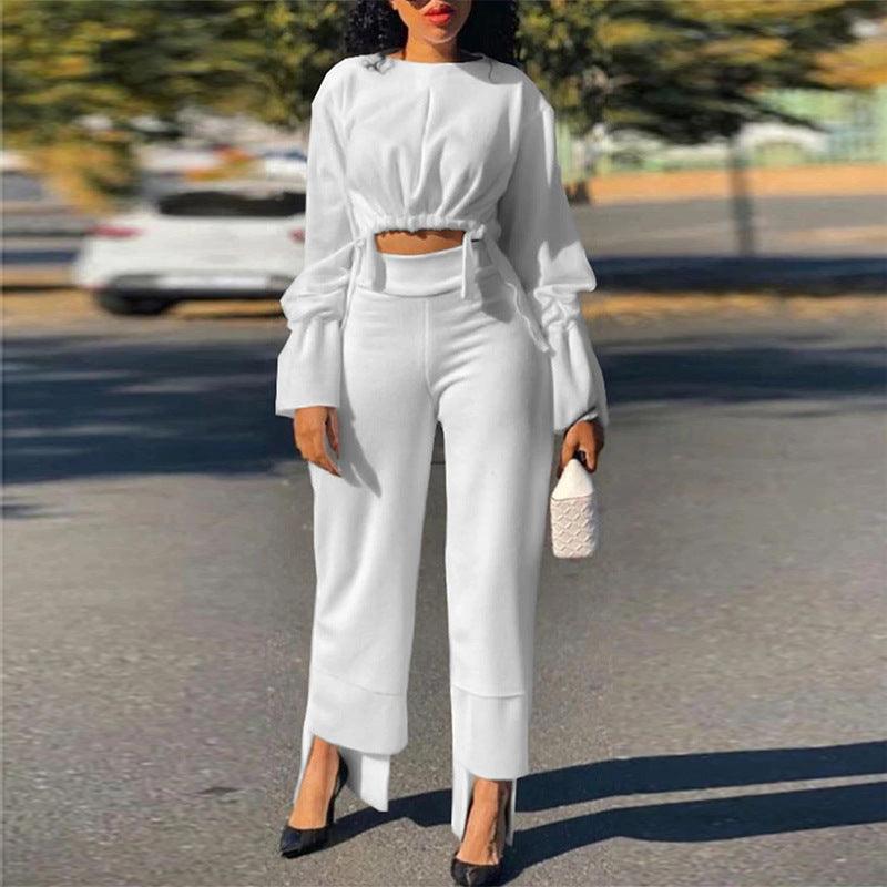 Short Top Casual High Waist Straight Pants Suit - Nioor